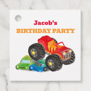 Red Monster Truck Birthday Party Watercolor Favour Tags