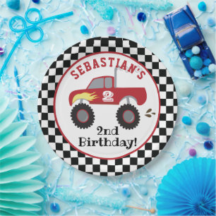 Red Monster Truck Birthday Racing Trucks Boys Paper Plate