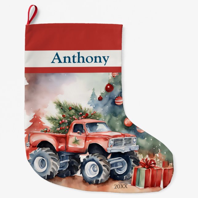 Red Monster Truck Boys Large Christmas Stocking (Front)