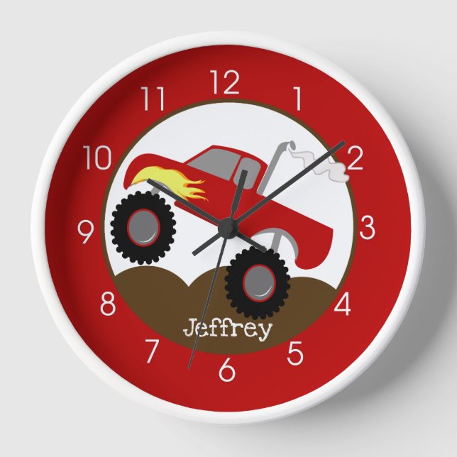 Red Monster Truck Boys' Nursery Kids Wall Clock (Front)