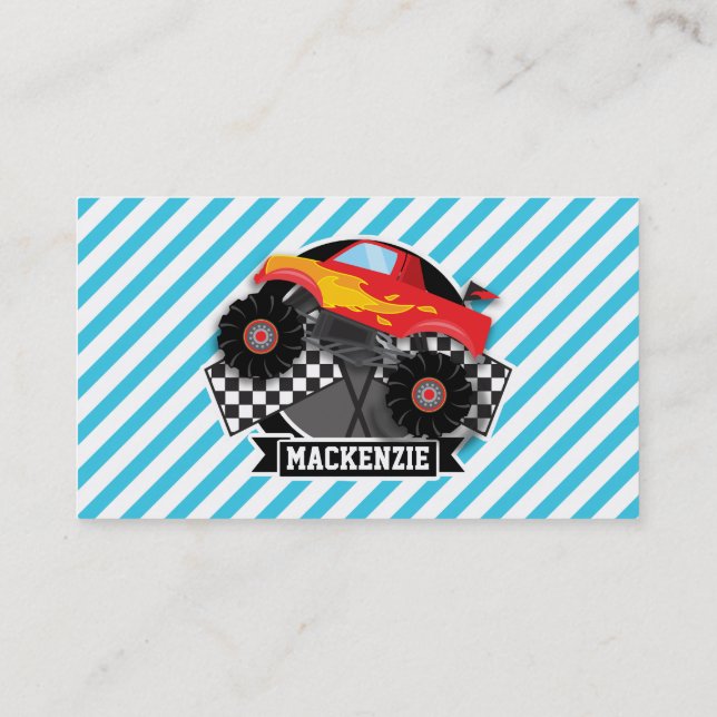 Red Monster Truck; Chequered Flag; Blue Stripes Business Card (Back)