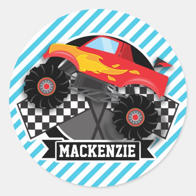 Red Monster Truck; Chequered Flag; Blue Stripes Classic Round Sticker (Front)