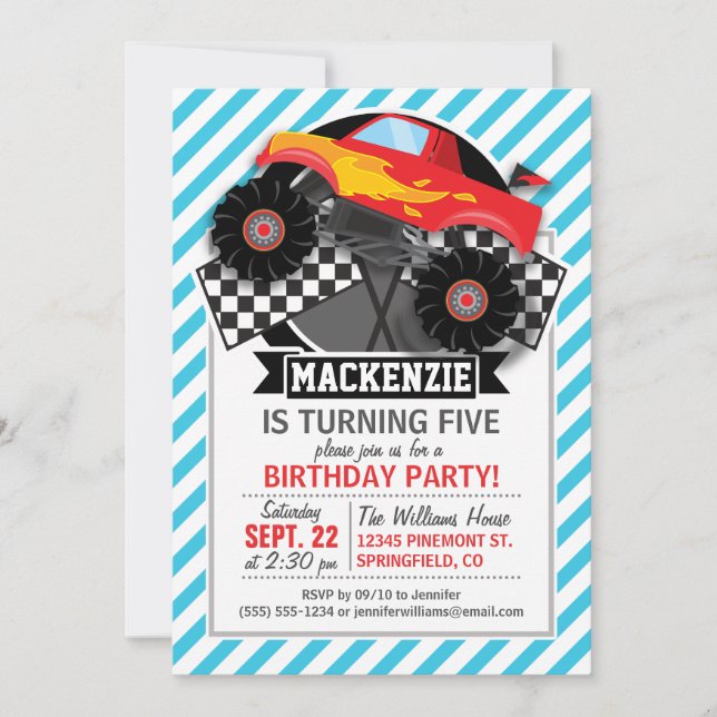 Red Monster Truck; Chequered Flag; Blue Stripes Invitation (Front)