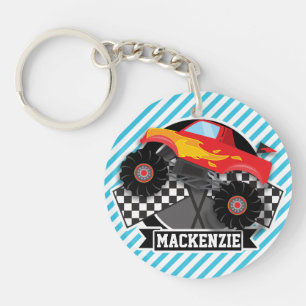 Red Monster Truck; Chequered Flag; Blue Stripes Keychain
