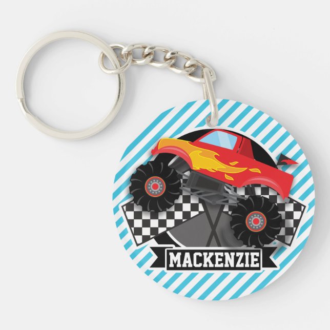 Red Monster Truck; Chequered Flag; Blue Stripes Keychain (Front)