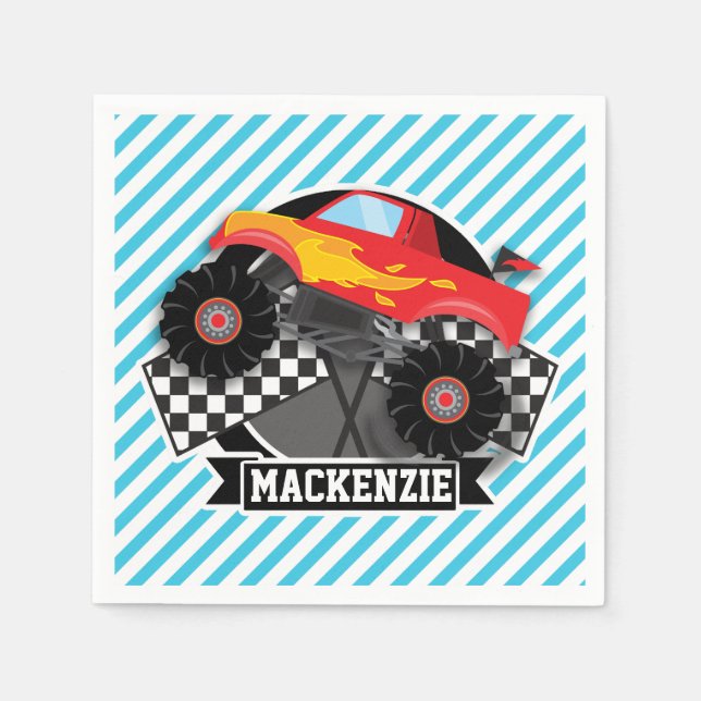 Red Monster Truck; Chequered Flag; Blue Stripes Napkin (Front)