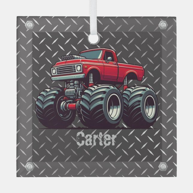 Red monster truck  glass ornament (Front)