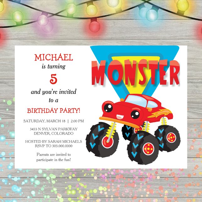 Red Monster Truck Invitation de fête d'anniversair (Créateur téléchargé)