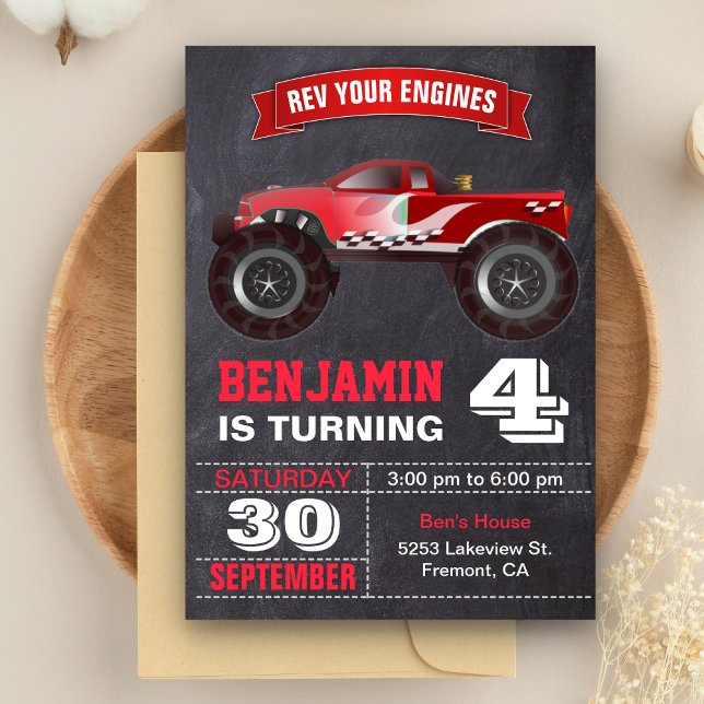 Red Monster Truck Kids Birthday Party Invitation (Creator Uploaded)