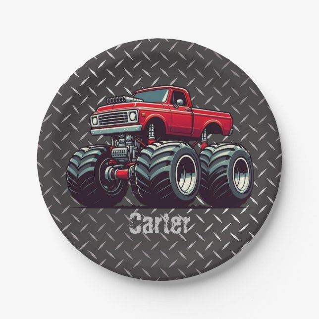 Red monster truck  paper plate (Front)