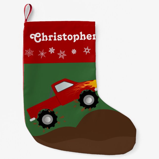 Red Monster Truck Personalized Small Christmas Stocking (Front)