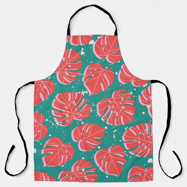 Red monstera: green tropical pattern apron (Front)