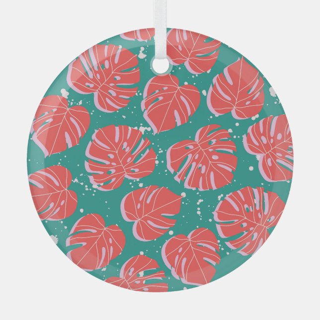 Red monstera: green tropical pattern glass ornament (Front)