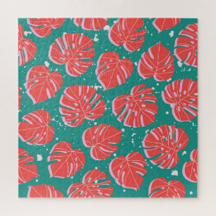 Red monstera: green tropical pattern jigsaw puzzle