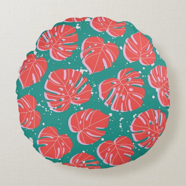 Red monstera: green tropical pattern round pillow (Front)