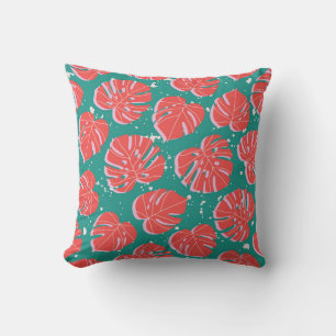Red monstera: green tropical pattern throw pillow