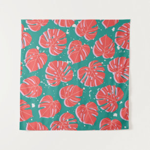 Red monstera leaves on green seamless pattern. Tre Tapestry