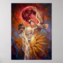 Red Moon Crane Symbolic Art Poster