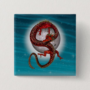 Red Moon Dragon Celestial Fantasy Art 2 Inch Square Button