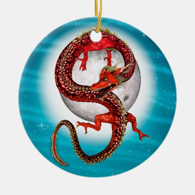 Red Moon Dragon Celestial Fantasy Art Ceramic Ornament (Front)