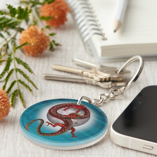 Red Moon Dragon Celestial Fantasy Art Keychain (Front Right)