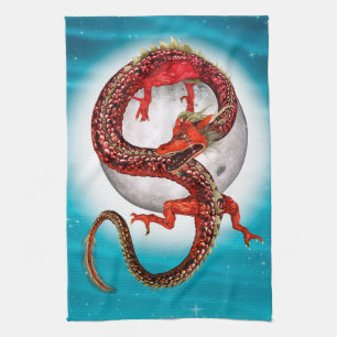 Red Moon Dragon Celestial Fantasy Art Kitchen Towel