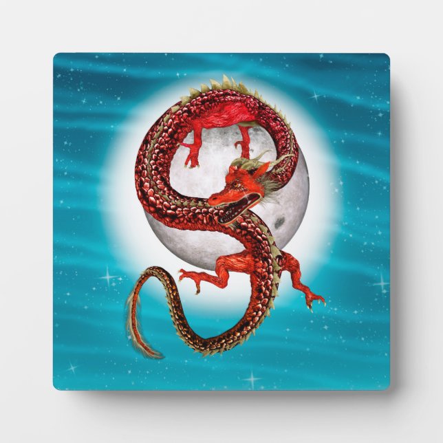 Red Moon Dragon Celestial Fantasy Art Plaque (Front)