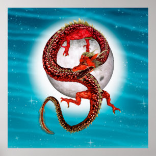 Red Moon Dragon Celestial Fantasy Art Poster