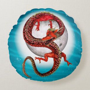 Red Moon Dragon Celestial Fantasy Art Round Pillow