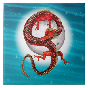 Red Moon Dragon Celestial Fantasy Art Tile