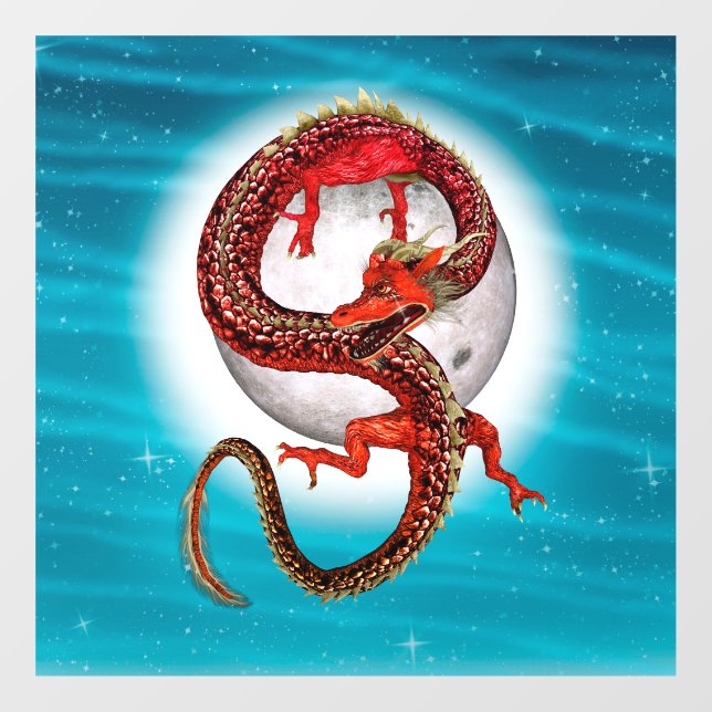 Red Moon Dragon Celestial Fantasy Art Window Cling (Sheet)