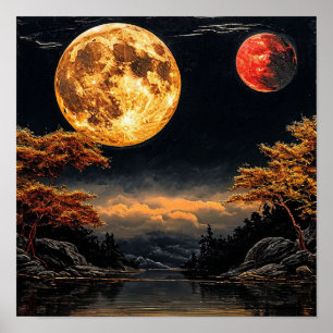 Red moon over a lake poster
