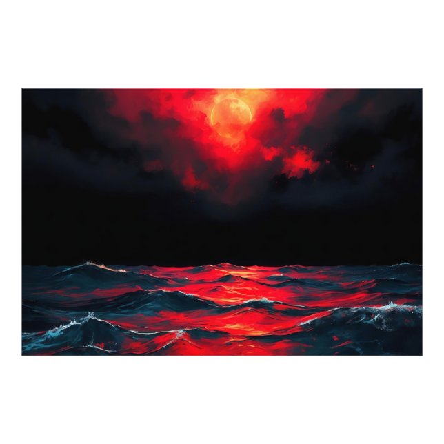 Red Moon Over Dark Ocean Dramatic Fantasy Seascape Photo Print (Front)