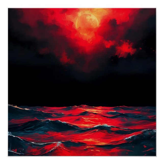 Red Moon Over Dark Ocean Dramatic Fantasy Seascape Poster (Front)