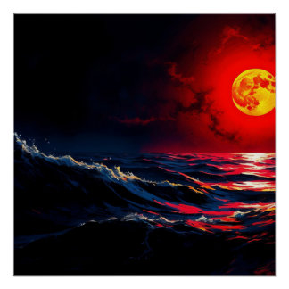 Red Moon Over Stormy Sea Fantasy Seascape Poster