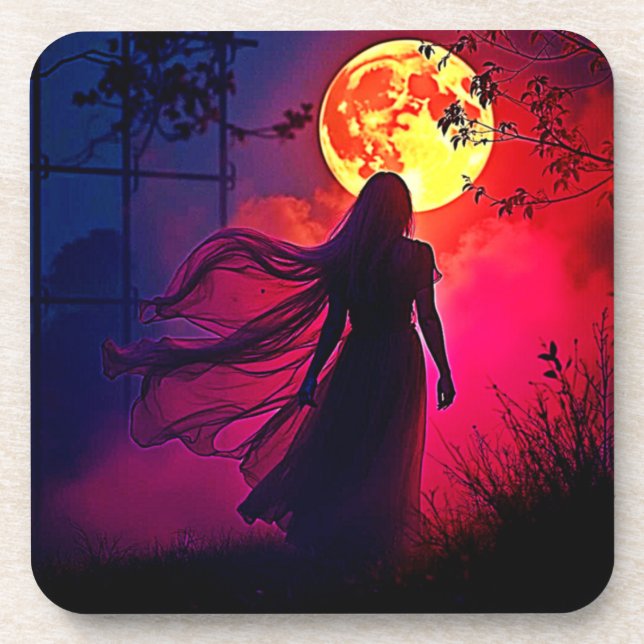 Red Moon Shadow Woman Mystery Design Coaster (Front)
