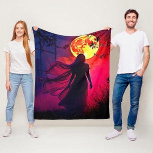 Red Moon Shadow Woman Mystery Design Fleece Blanket