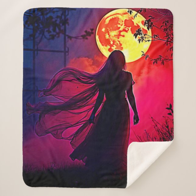 Red Moon Shadow Woman Mystery Design Sherpa Blanket (Front)