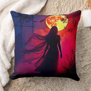 Red Moon Shadow Woman Mystery Design Throw Pillow