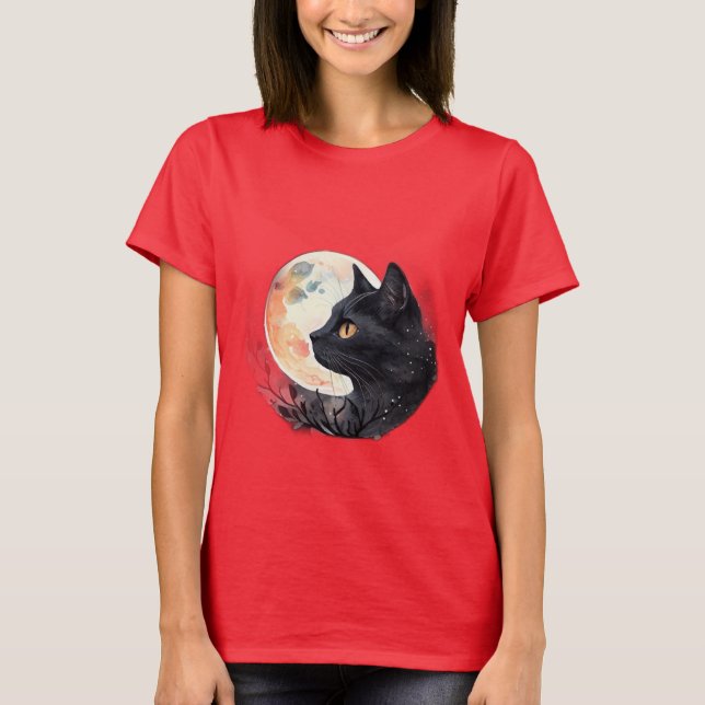 Red Moon with Cat Artistic T-Shirt Design (Front)