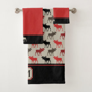 Red Moose Pattern Black Monogram Bath Towel Set