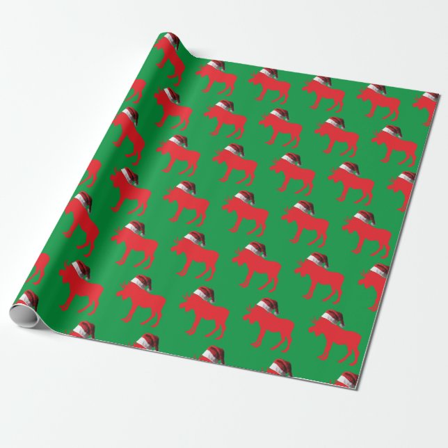 Red Moose wearing a Santa Hat Wrapping Paper (Unrolled)