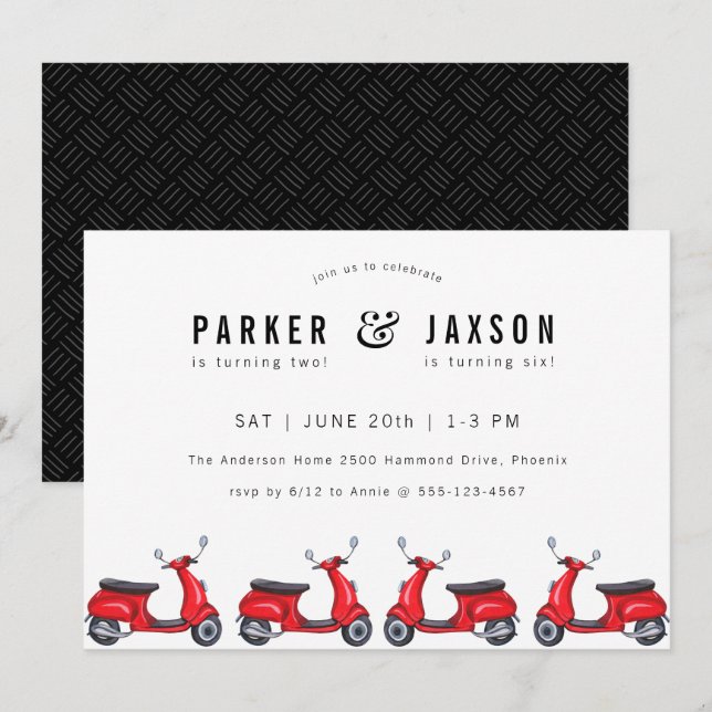 Red Moped Scooter Theme Joint Birthday  Invitation (Front/Back)