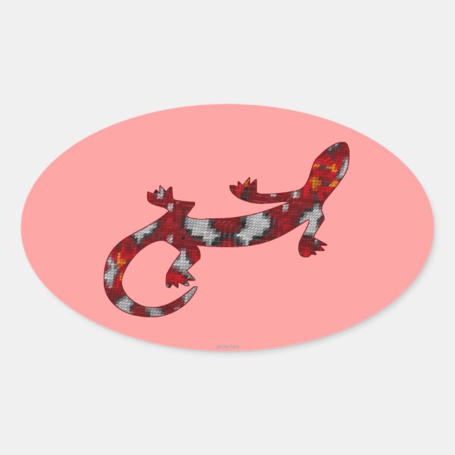 Red Mosaic Pattern Gecko Lizard Reptile Art Oval Sticker (Front)