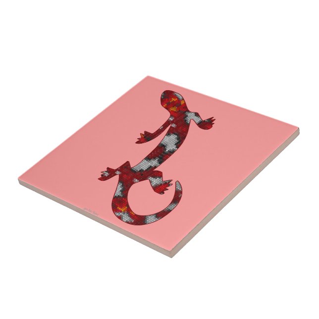 Red Mosaic Pattern Gecko Lizard Reptile Art Tile (Side)