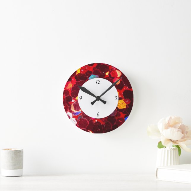 Red mosaic shiny glitter pattern with numbers round clock (Home)