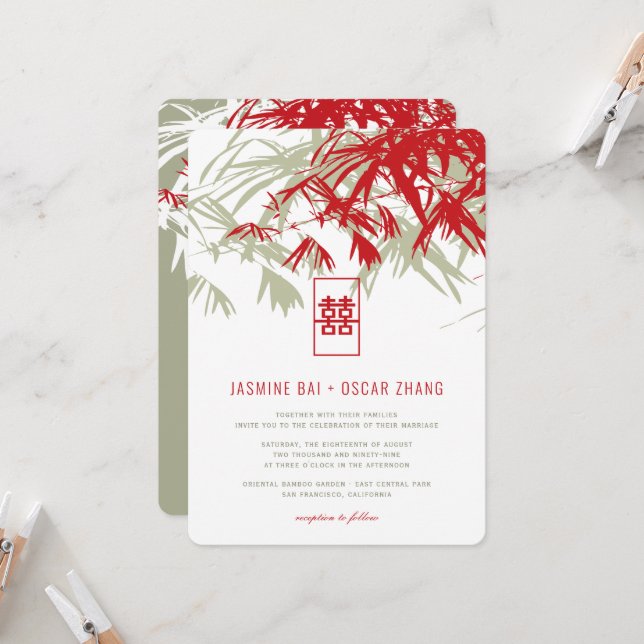 Red & Moss Bamboo Leaves Double Xi Chinese Wedding Invitation (Front/Back In Situ)