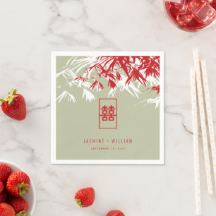 Red/Moss Bamboo Leaves Double Xi Chinese Wedding Napkin