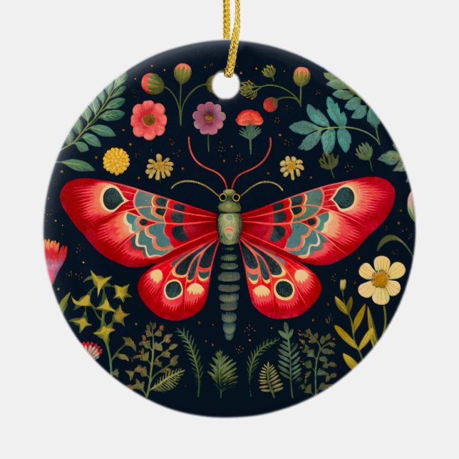 Red Moth In The Night Garden Ceramic Ornament (Front)