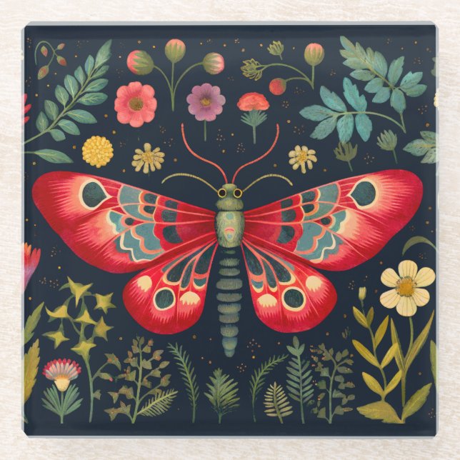 Red Moth In The Night Garden Glass Coaster (Front)